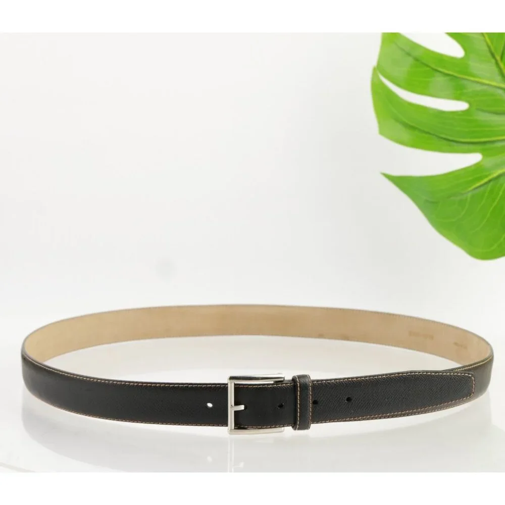 Brioni‎ Mens Belt Size 44 Black Calf Leather Tan Stitching 1 1/4